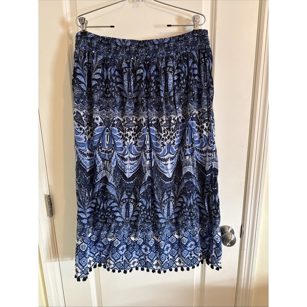 J. Jill Smocked Waist Printed Sz M Maxi Bohemian‎ Skirt Tassels Blue White